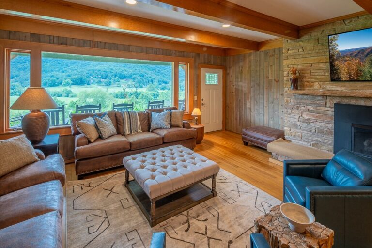 Living room at Valle View Retreat with a view across the valley