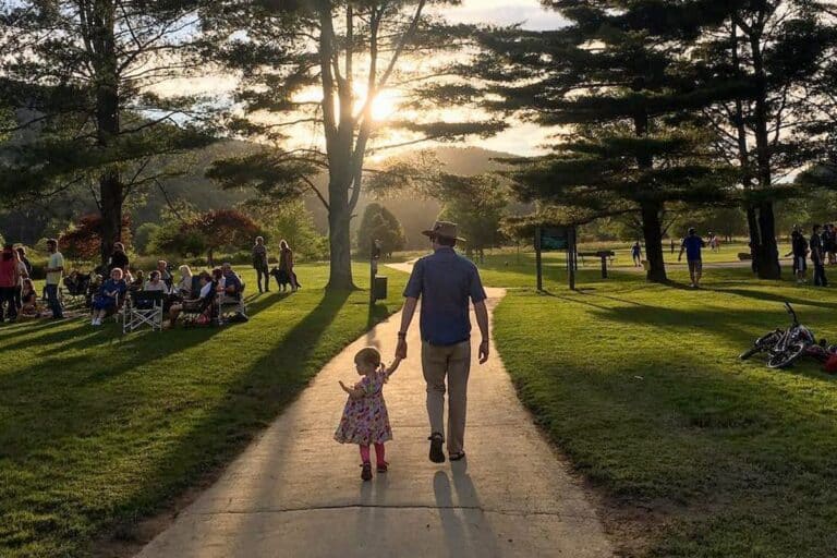 Path through Valle Crucis Community Park at sunset
