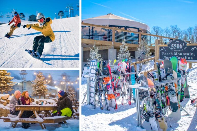 Skiers and the village at Beech Mountain Resort