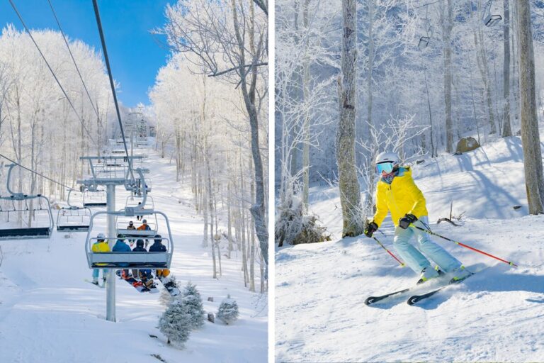 Snowy chairlift and skier at Sugar Mountain