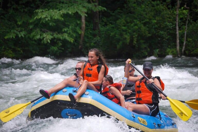 Family whitewater rafting on a mountain river