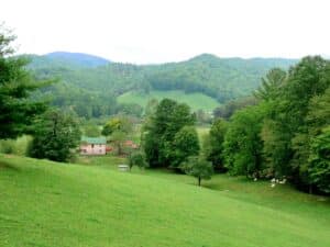 Green pastures and wooded hills in the Valle Crucis valley, North Carolina