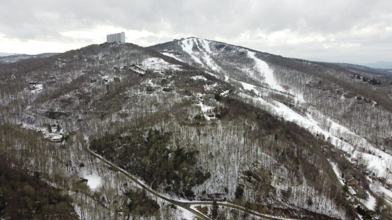 Aerial view of snow-covered ski runs on Sugar Mountain, North Carolina