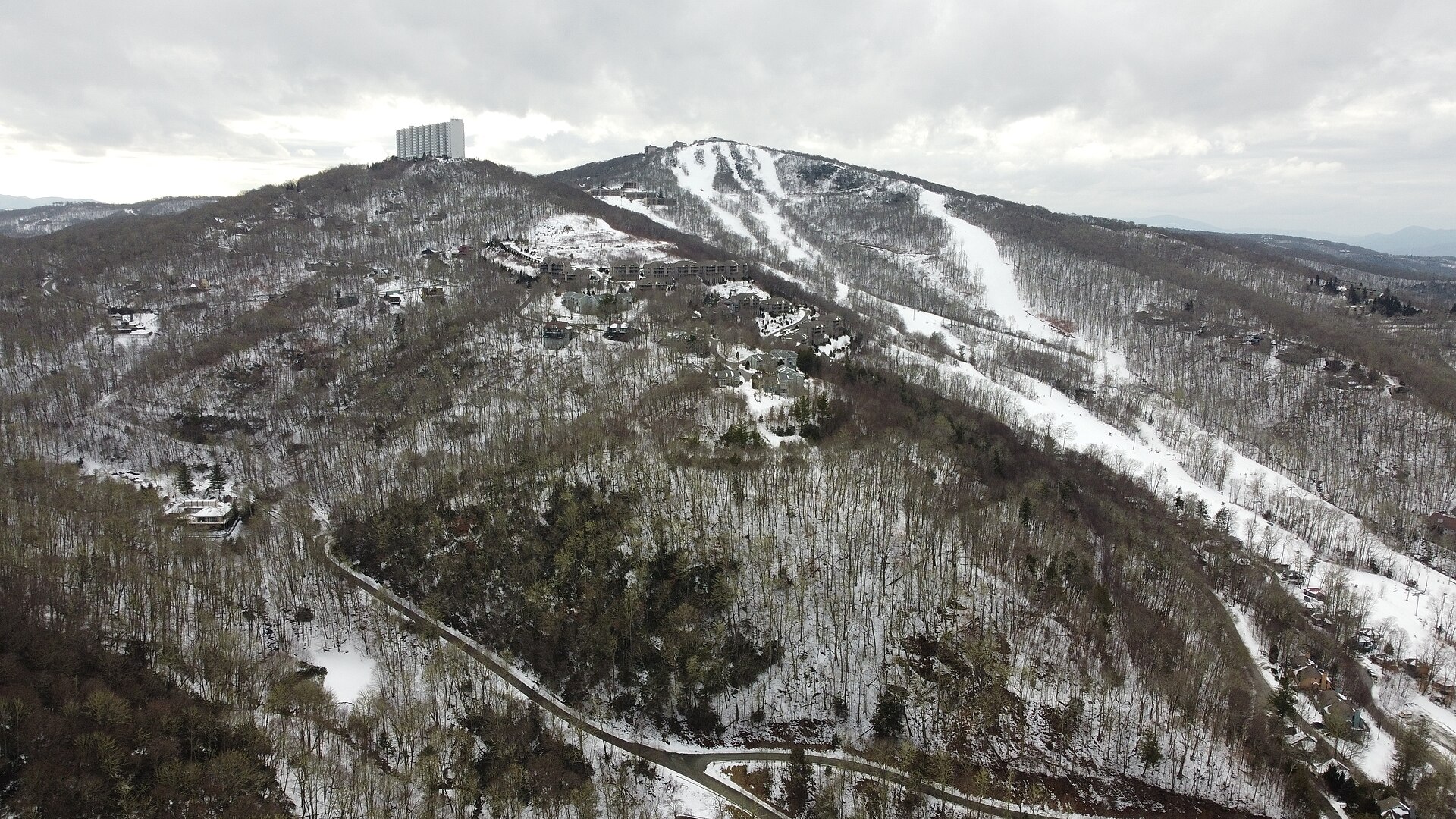 Aerial view of snow-covered ski runs on Sugar Mountain, North Carolina