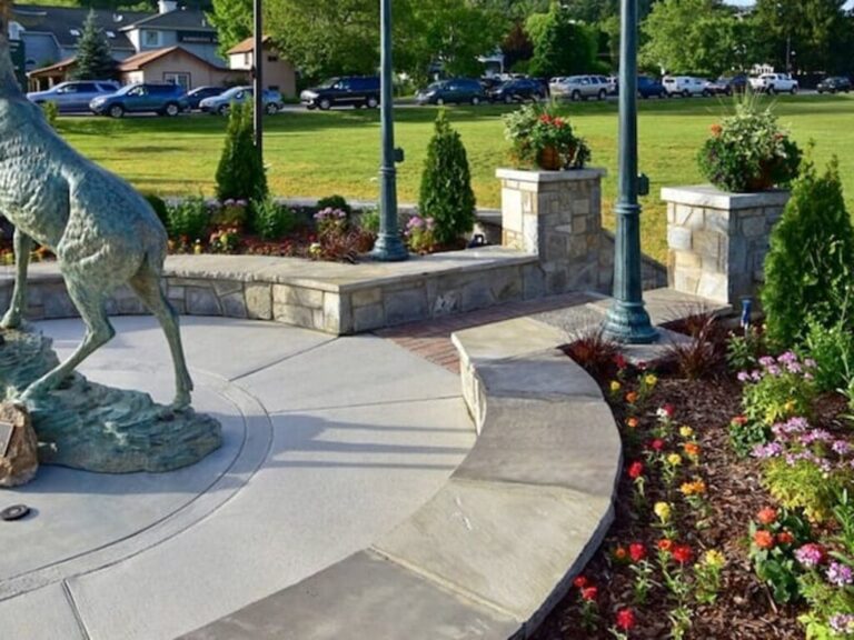 Flower beds around the elk statue in Banner Elk town center