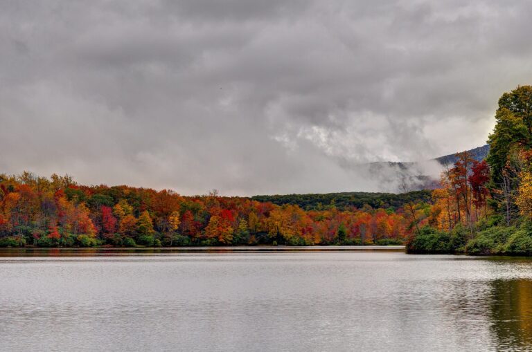 Autumn trees in red, orange and gold around Price Lake on the Blue Ridge Parkway