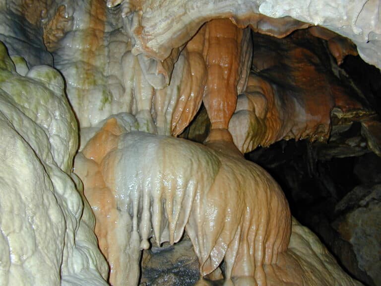 Flowstone and drapery formations inside Linville Caverns