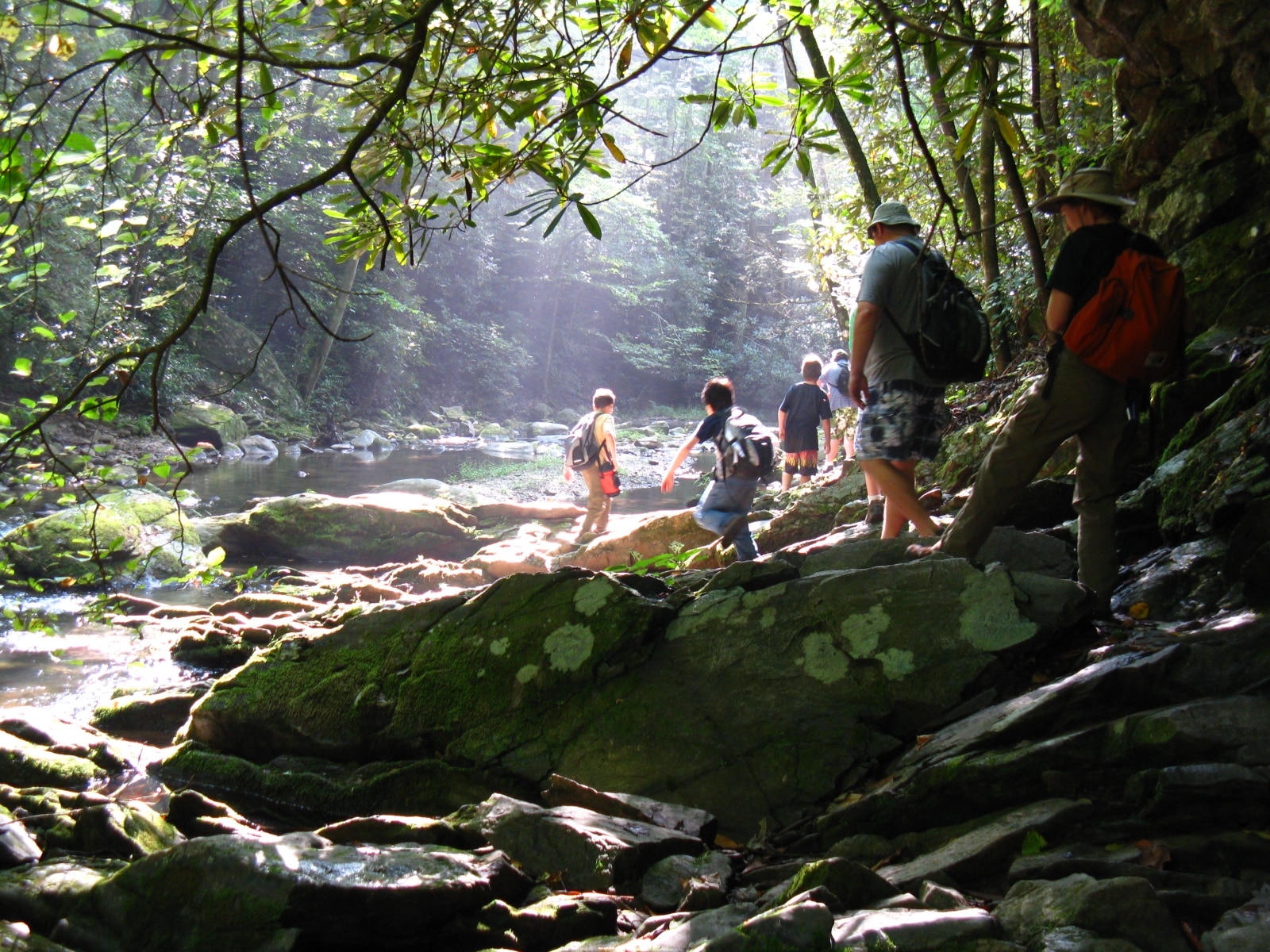 Hikers with backpacks beside a mountain creek in North Carolina